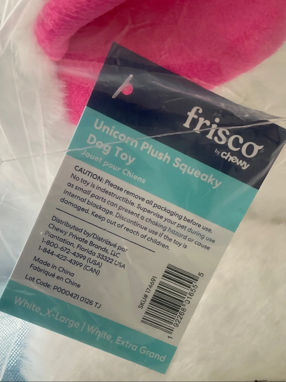 Plush Unicorn Dog Toy - White with Blue Accents